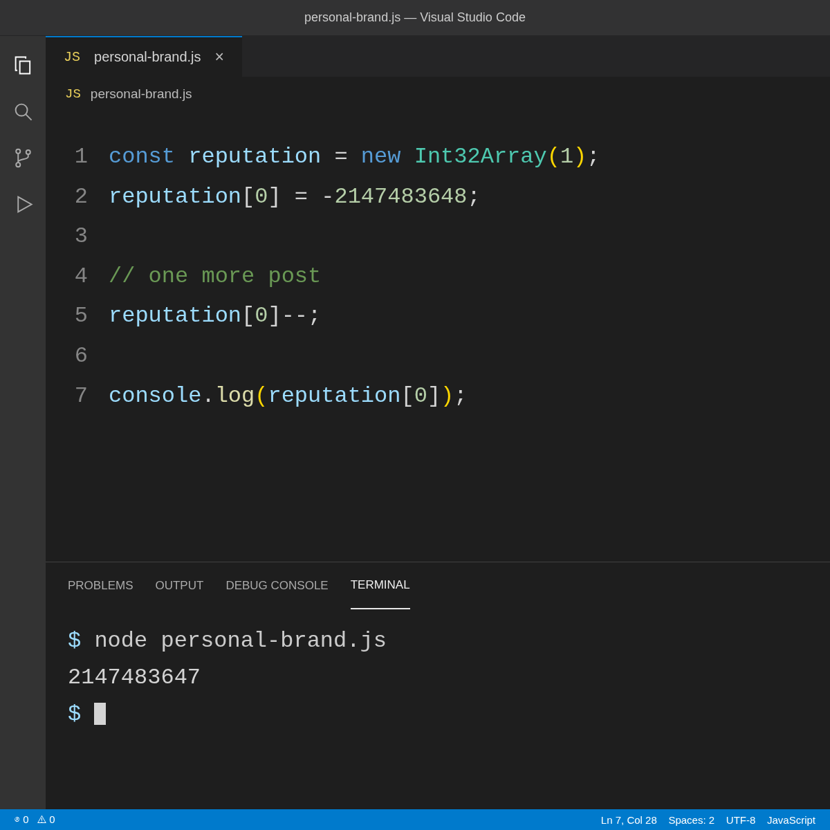 VS Code-style editor showing JavaScript that sets a signed 32-bit reputation score to -2147483648. A comment says ‘one more post’ before subtracting one. The terminal prints 2147483647: the score has wrapped from the minimum to the maximum.