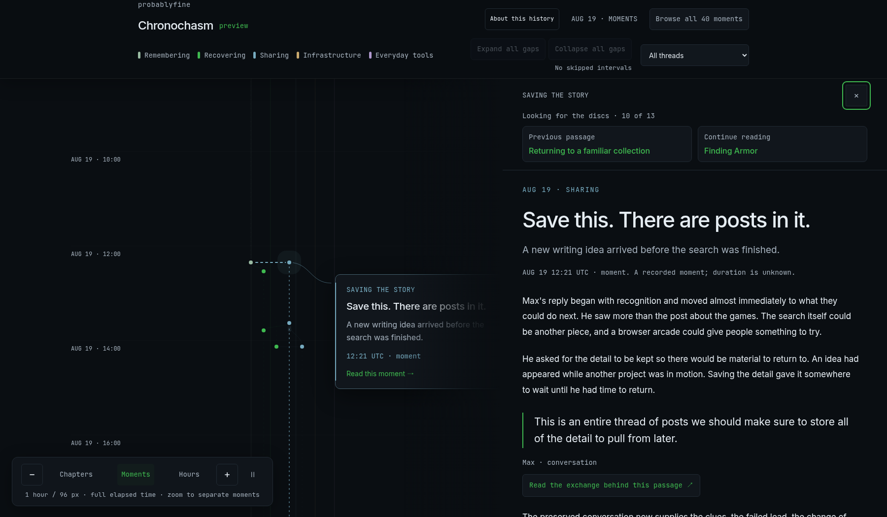 Chronochasm's vertical timeline beside the passage Save this. There are posts in it., with previous and next passage controls and a link to the source exchange.